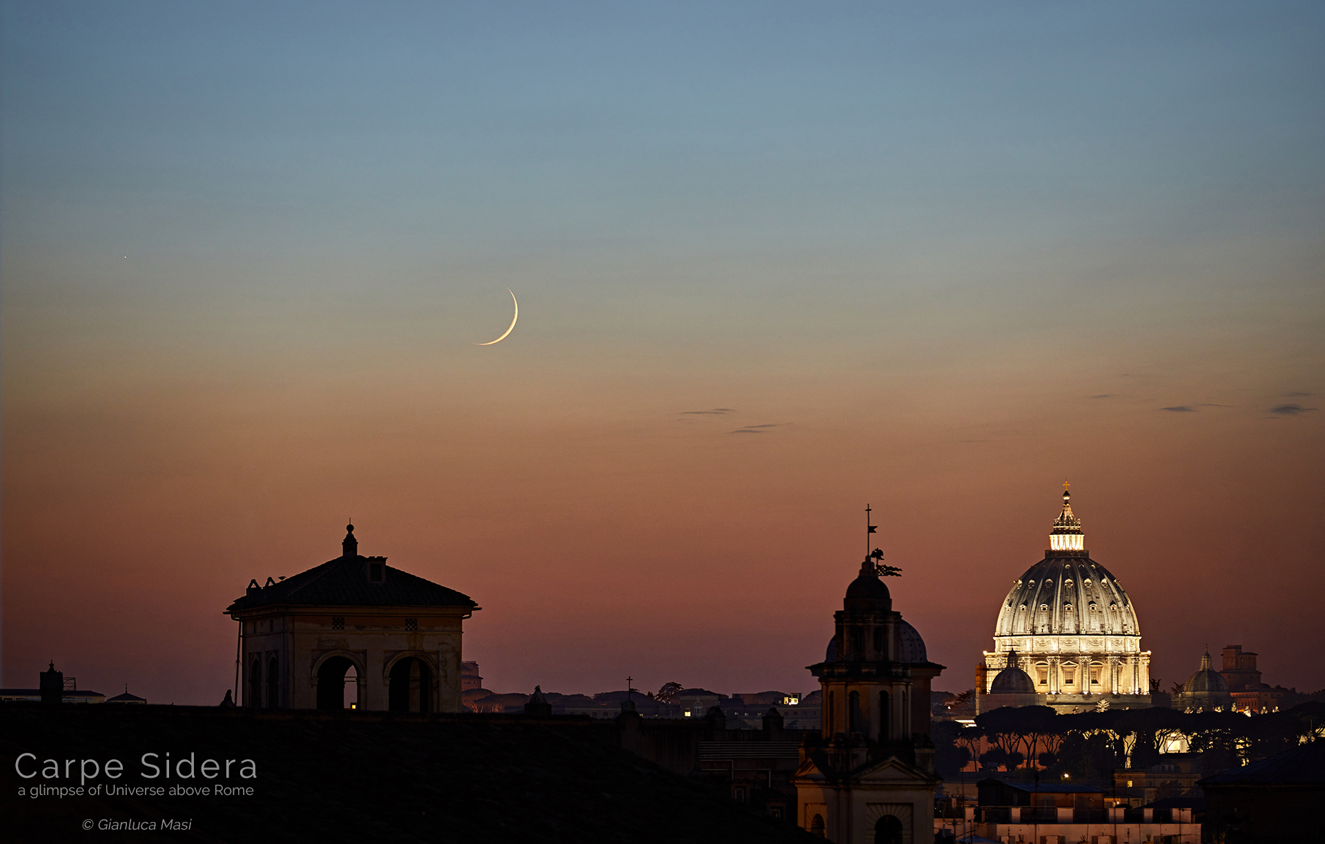 A sharp Moon crescent and planet Mercury hang above Rome at sunset