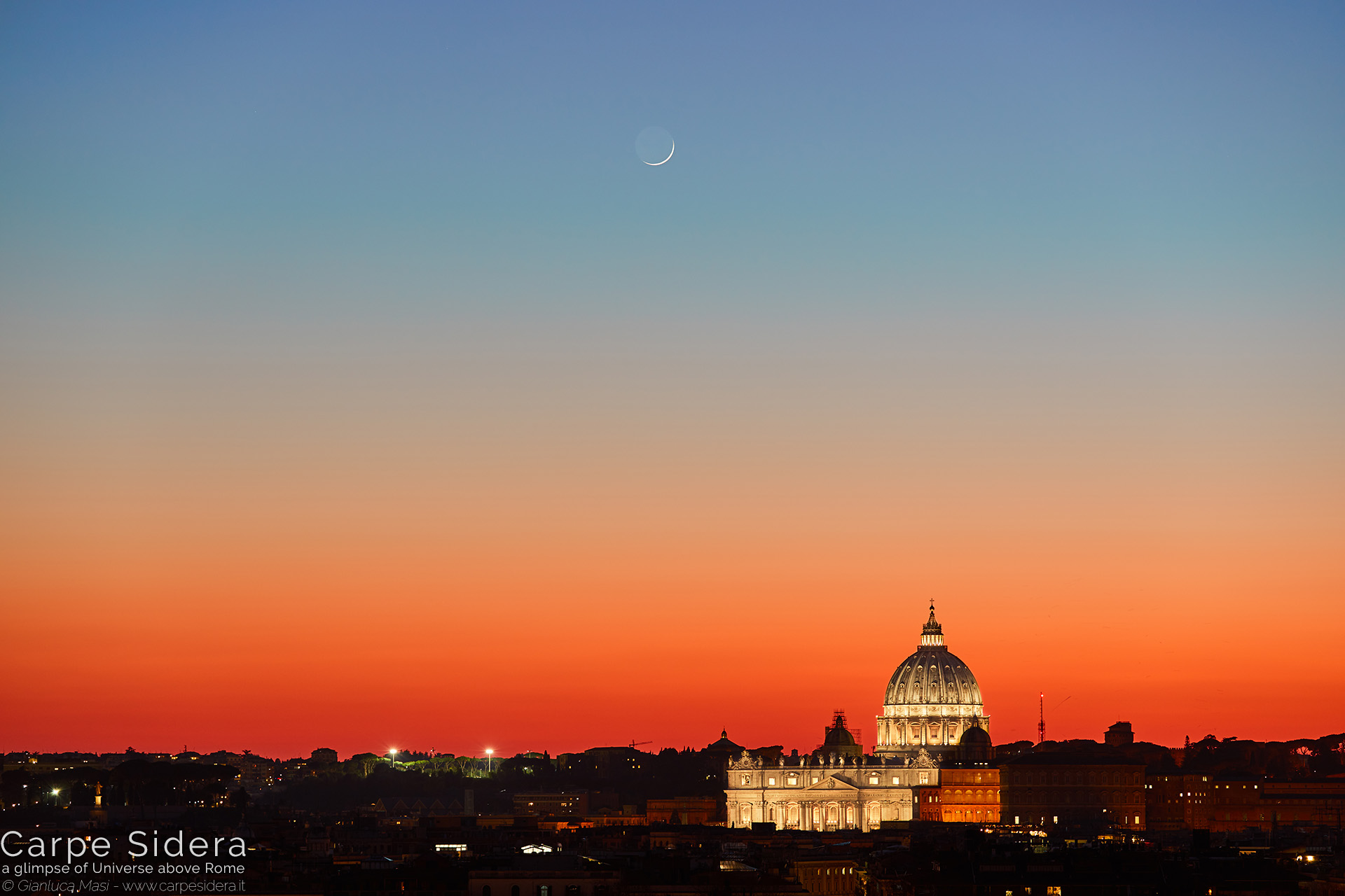 16. A sharp Moon crescent shines above the dome of St. Peter's, at sunset.