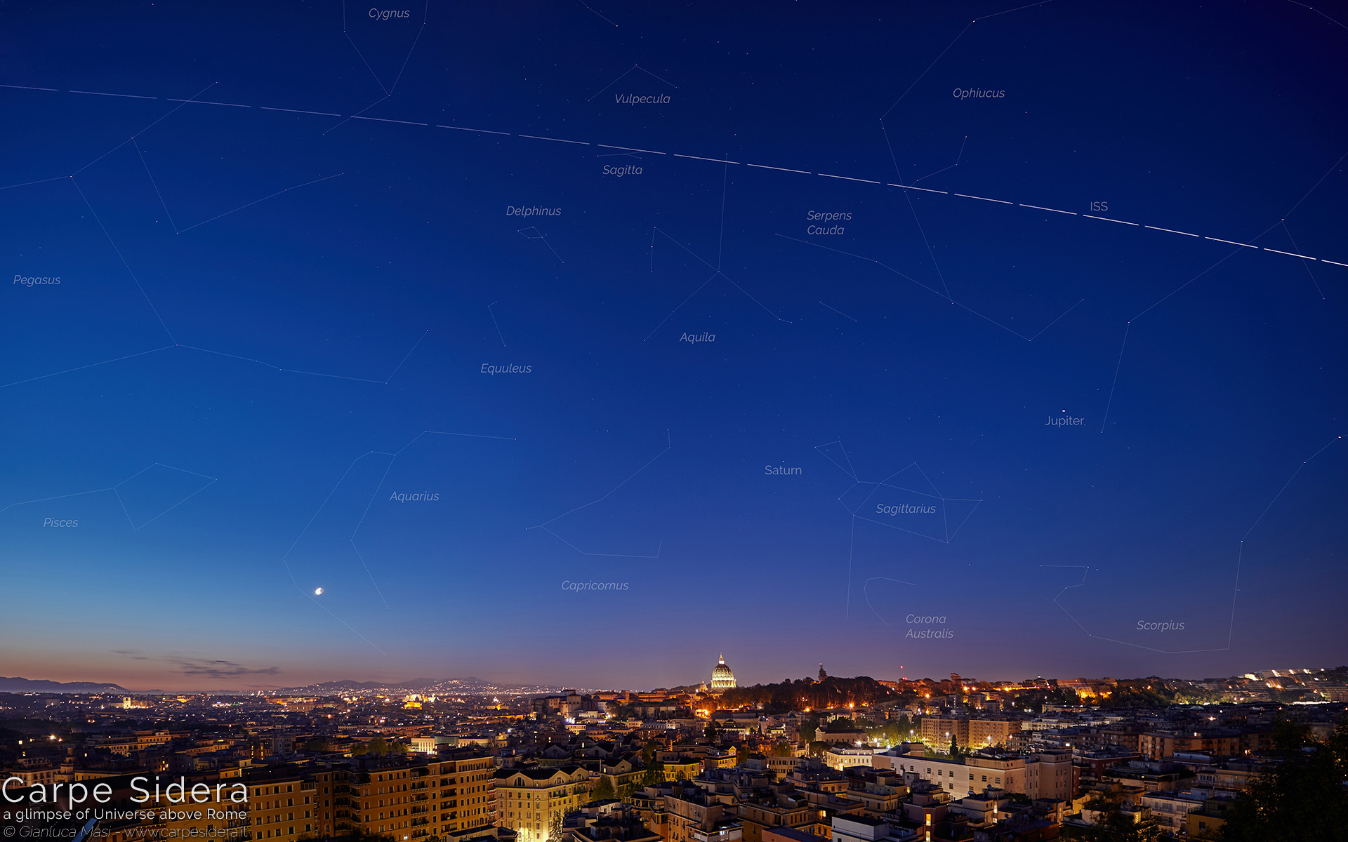 20. The International Space Station (ISS) flies above the Eternal City, among the stars and the constellations.