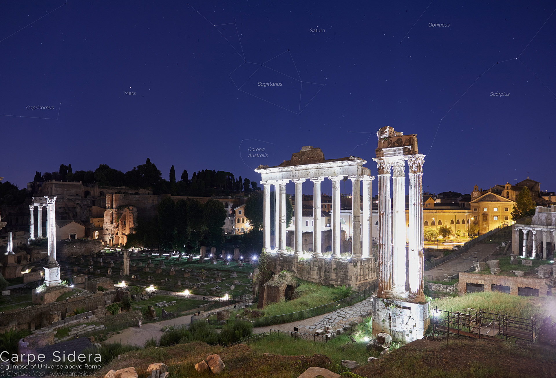 26. Planets Saturn and Mars shine above the Temple of Saturn and the Temple of Vespasian and Titus.